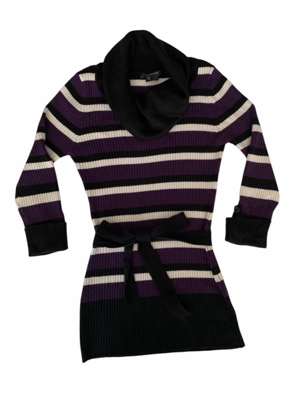 My Michelle Sweater Girls L Ribbed Soft Black Purple Striped Cowl Neck Tie Back